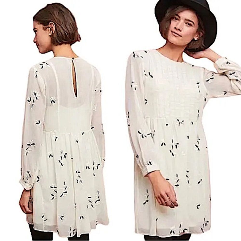 Anthropologie Feather Bone Ivory Sheer Mini Dress with Embroidered Details